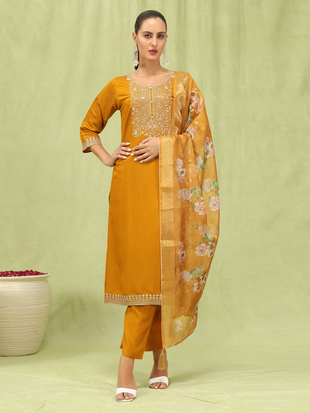 Madhuri Women’s Viscose Roman Silk Embroidery Straight Kurta Pant with Dupatta Set - FitVibe Fashion