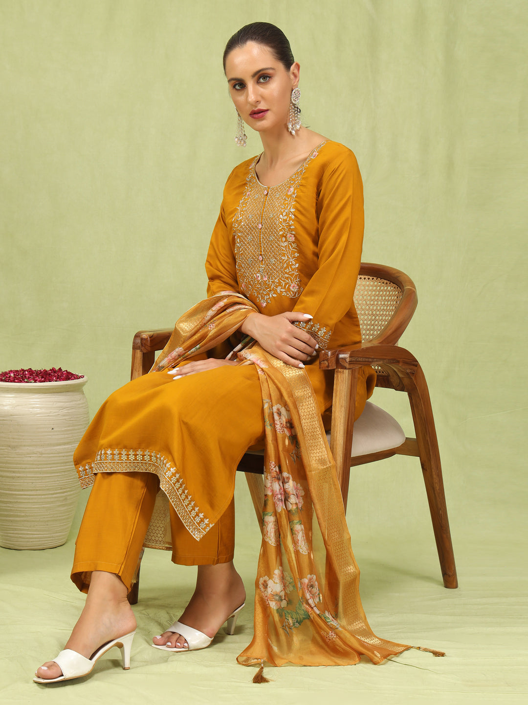 Madhuri Women’s Viscose Roman Silk Embroidery Straight Kurta Pant with Dupatta Set - FitVibe Fashion