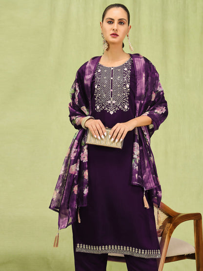 Sandhya Women’s Viscose Roman Silk Embroidery Straight Kurta Pant with Dupatta Set - FitVibe Fashion