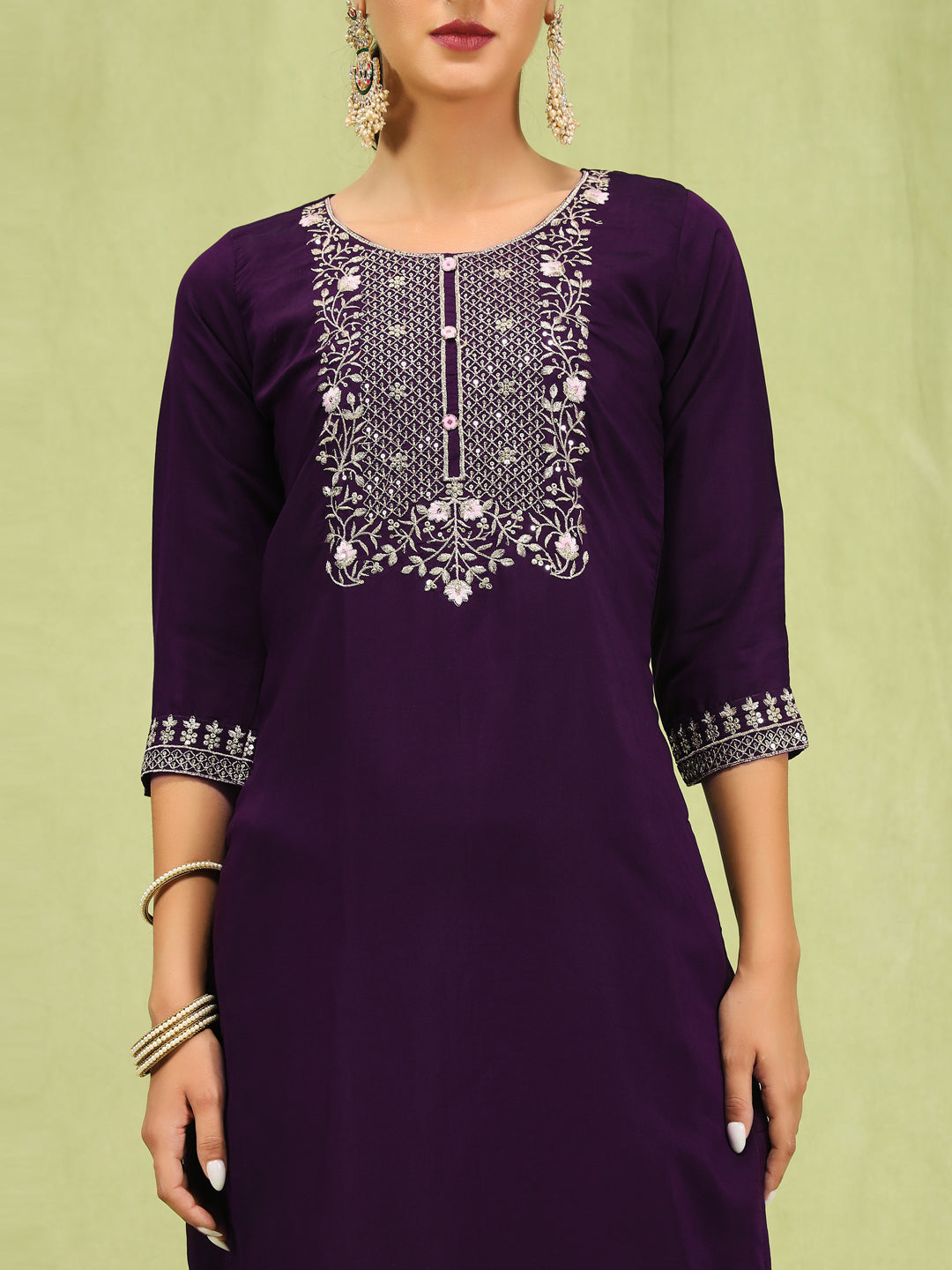 Sandhya Women’s Viscose Roman Silk Embroidery Straight Kurta Pant with Dupatta Set - FitVibe Fashion