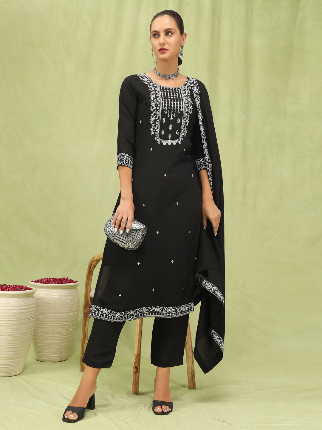 Drashti Women’s Viscose Roman Silk Embroidery Straight Kurta Pant with Dupatta Set - FitVibe Fashion