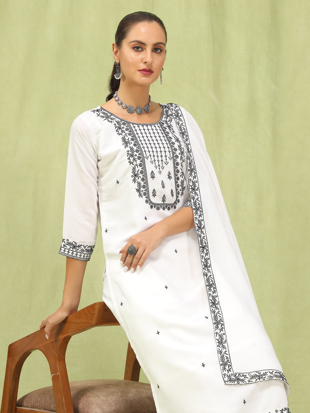 Sankranti Women’s Viscose Roman Silk Embroidery Straight Kurta Pant with Dupatta Set - FitVibe Fashion