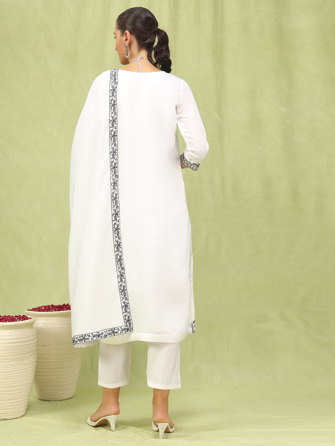 Sankranti Women’s Viscose Roman Silk Embroidery Straight Kurta Pant with Dupatta Set - FitVibe Fashion