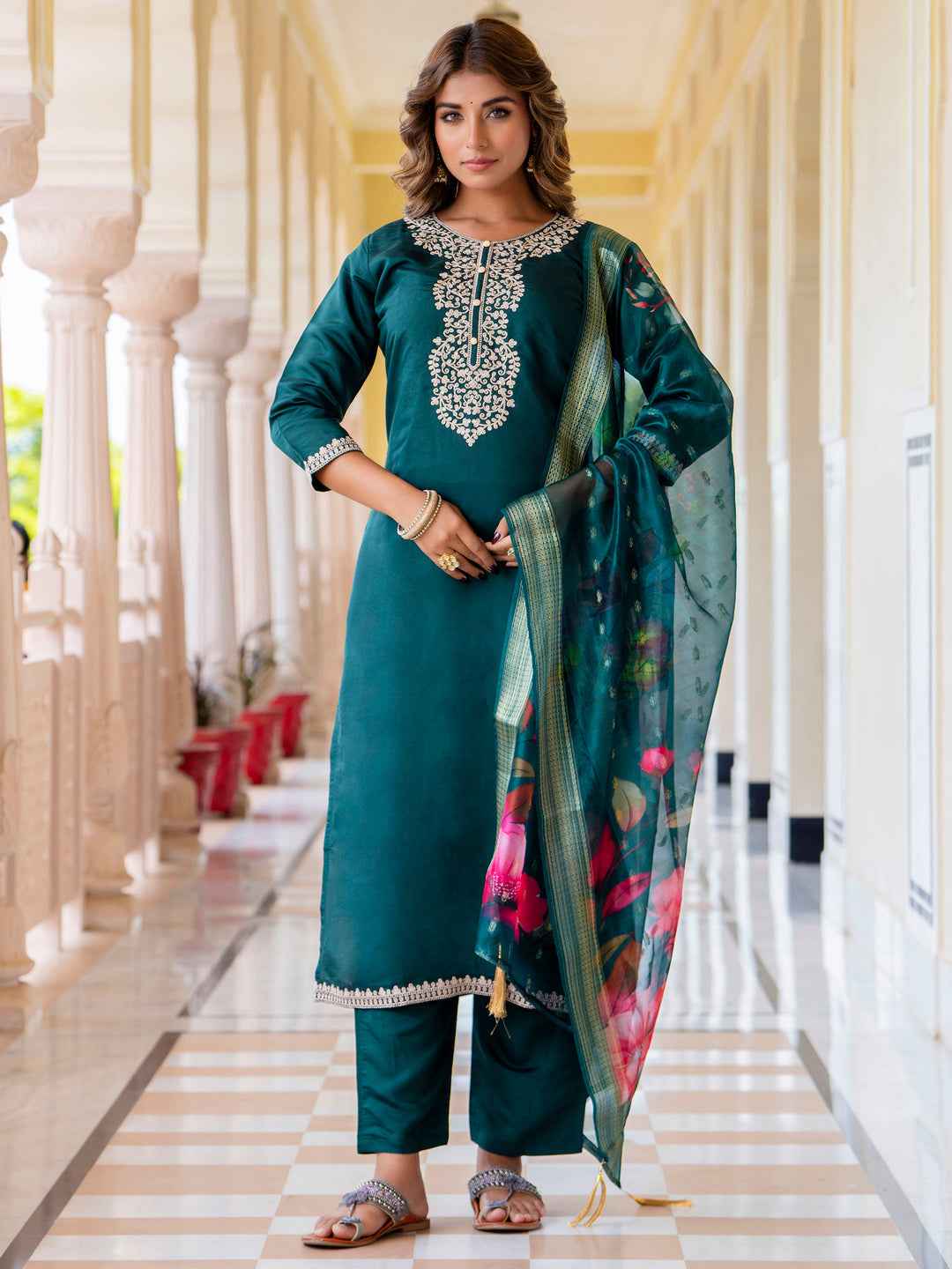 Anjali Women’s Viscose Roman Silk Embroidery Straight Kurta Pant with Dupatta Set