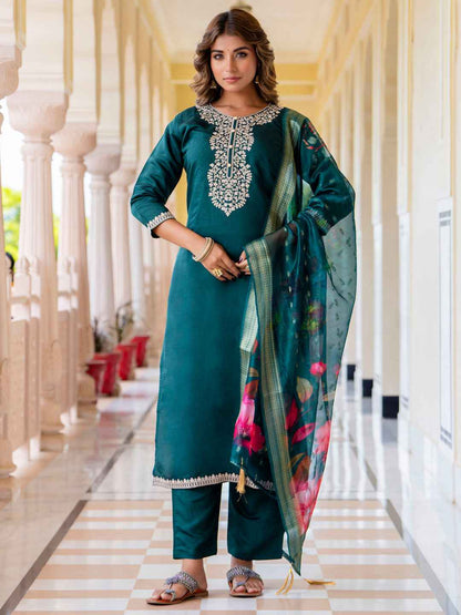 Anjali Women’s Viscose Roman Silk Embroidery Straight Kurta Pant with Dupatta Set