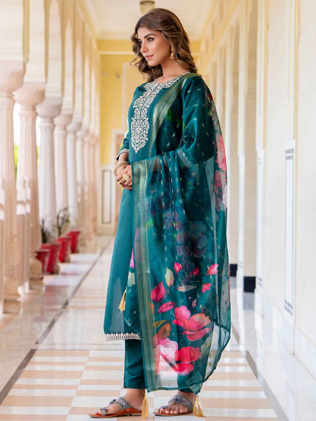 Anjali Women’s Viscose Roman Silk Embroidery Straight Kurta Pant with Dupatta Set