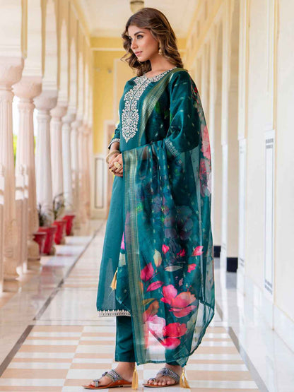 Anjali Women’s Viscose Roman Silk Embroidery Straight Kurta Pant with Dupatta Set