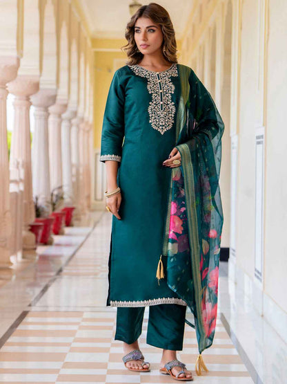 Anjali Women’s Viscose Roman Silk Embroidery Straight Kurta Pant with Dupatta Set