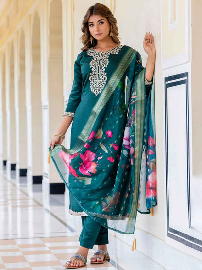 Anjali Women’s Viscose Roman Silk Embroidery Straight Kurta Pant with Dupatta Set