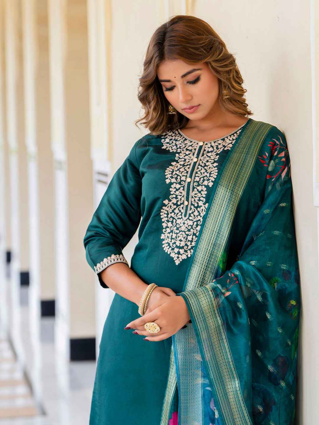 Anjali Women’s Viscose Roman Silk Embroidery Straight Kurta Pant with Dupatta Set