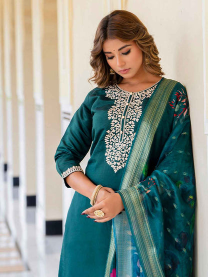 Anjali Women’s Viscose Roman Silk Embroidery Straight Kurta Pant with Dupatta Set