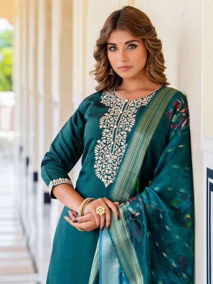 Anjali Women’s Viscose Roman Silk Embroidery Straight Kurta Pant with Dupatta Set