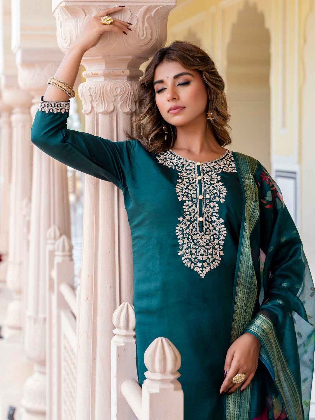 Anjali Women’s Viscose Roman Silk Embroidery Straight Kurta Pant with Dupatta Set