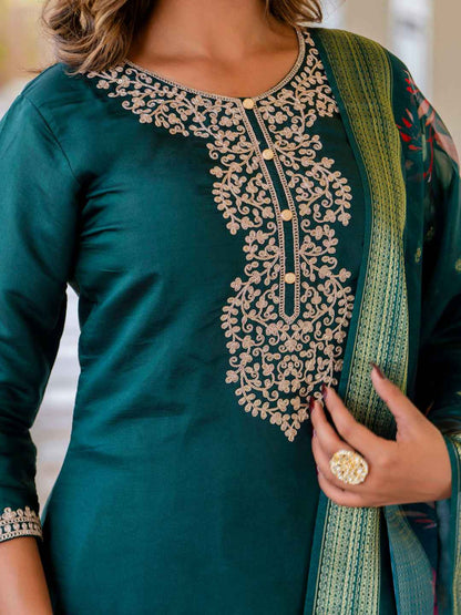 Anjali Women’s Viscose Roman Silk Embroidery Straight Kurta Pant with Dupatta Set