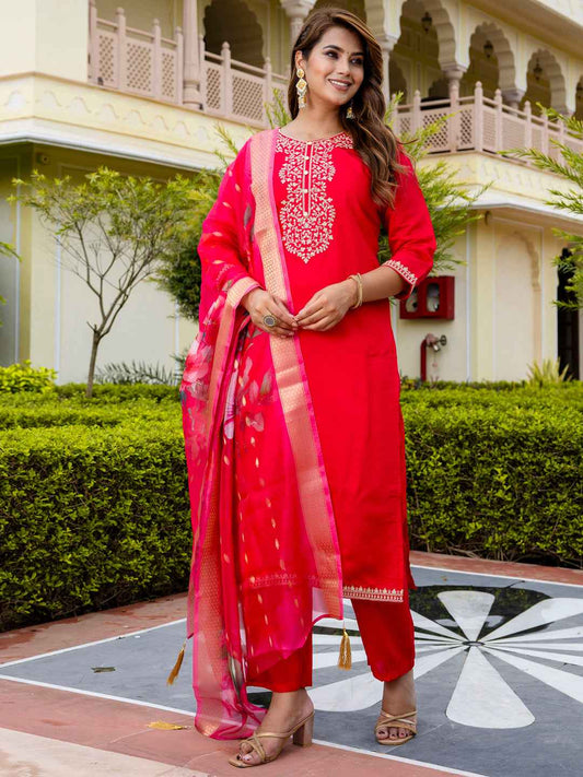 Ankita Women’s Viscose Roman Silk Embroidery Straight Kurta Pant with Dupatta Set