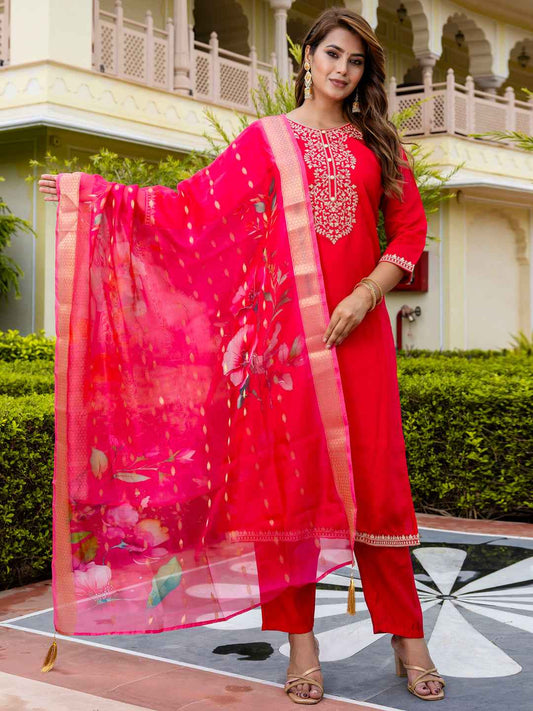 Ankita Women’s Viscose Roman Silk Embroidery Straight Kurta Pant with Dupatta Set