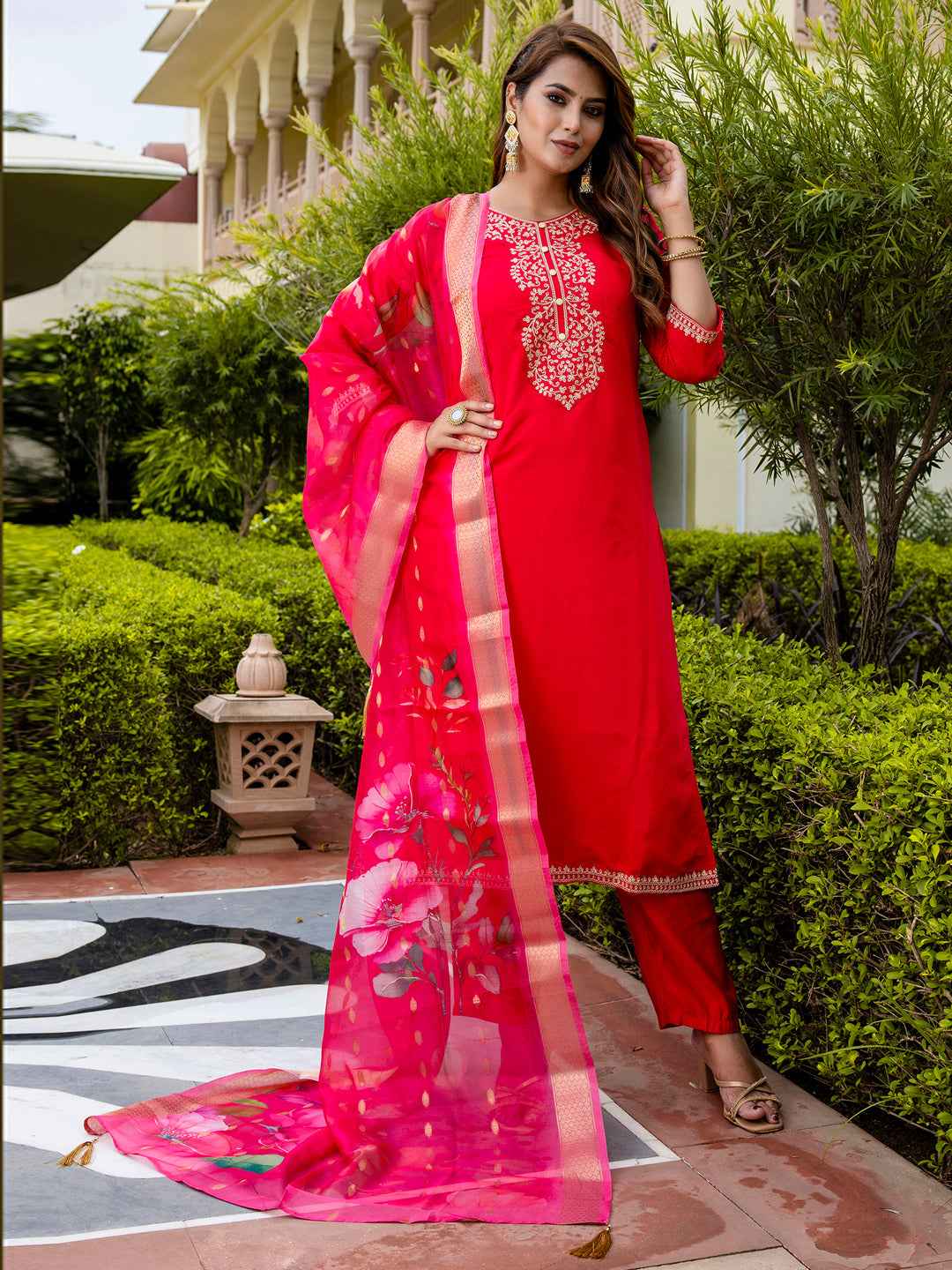 Ankita Women’s Viscose Roman Silk Embroidery Straight Kurta Pant with Dupatta Set