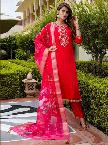 Ankita Women’s Viscose Roman Silk Embroidery Straight Kurta Pant with Dupatta Set