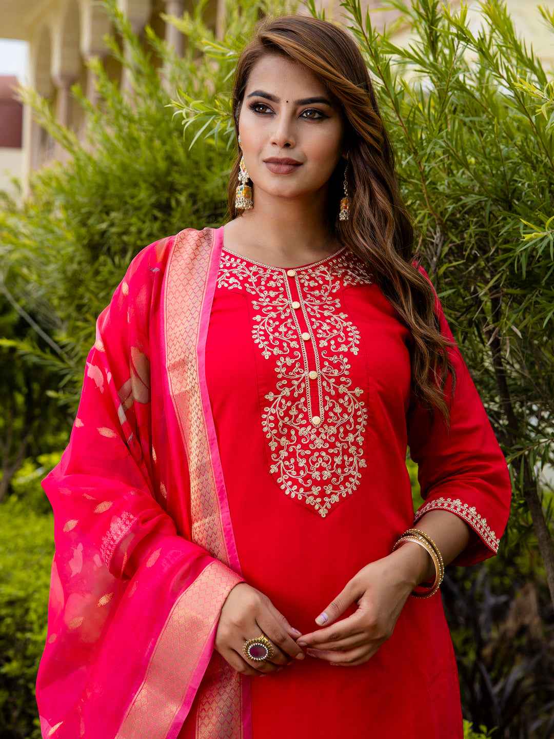 Ankita Women’s Viscose Roman Silk Embroidery Straight Kurta Pant with Dupatta Set