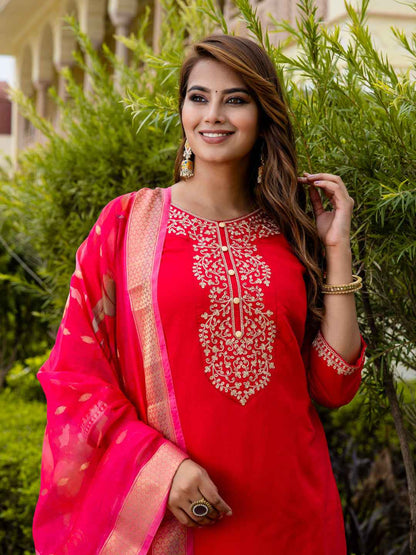 Ankita Women’s Viscose Roman Silk Embroidery Straight Kurta Pant with Dupatta Set