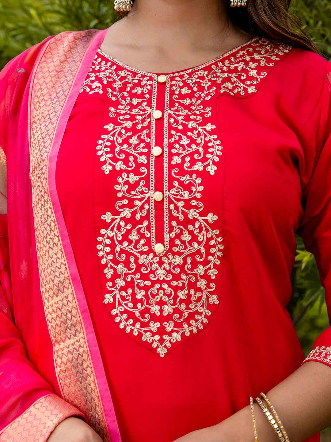 Ankita Women’s Viscose Roman Silk Embroidery Straight Kurta Pant with Dupatta Set