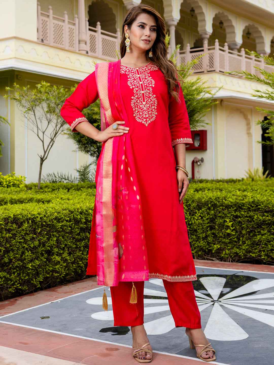 Ankita Women’s Viscose Roman Silk Embroidery Straight Kurta Pant with Dupatta Set