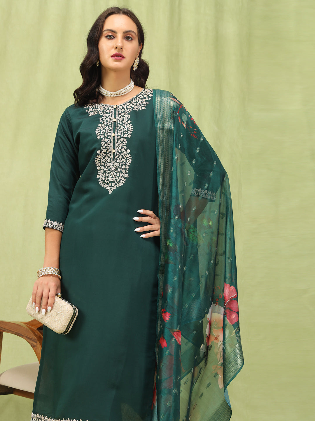 Hemani Women’s Viscose Roman Silk Embroidery Straight Kurta Pant with Dupatta Set - FitVibe Fashion