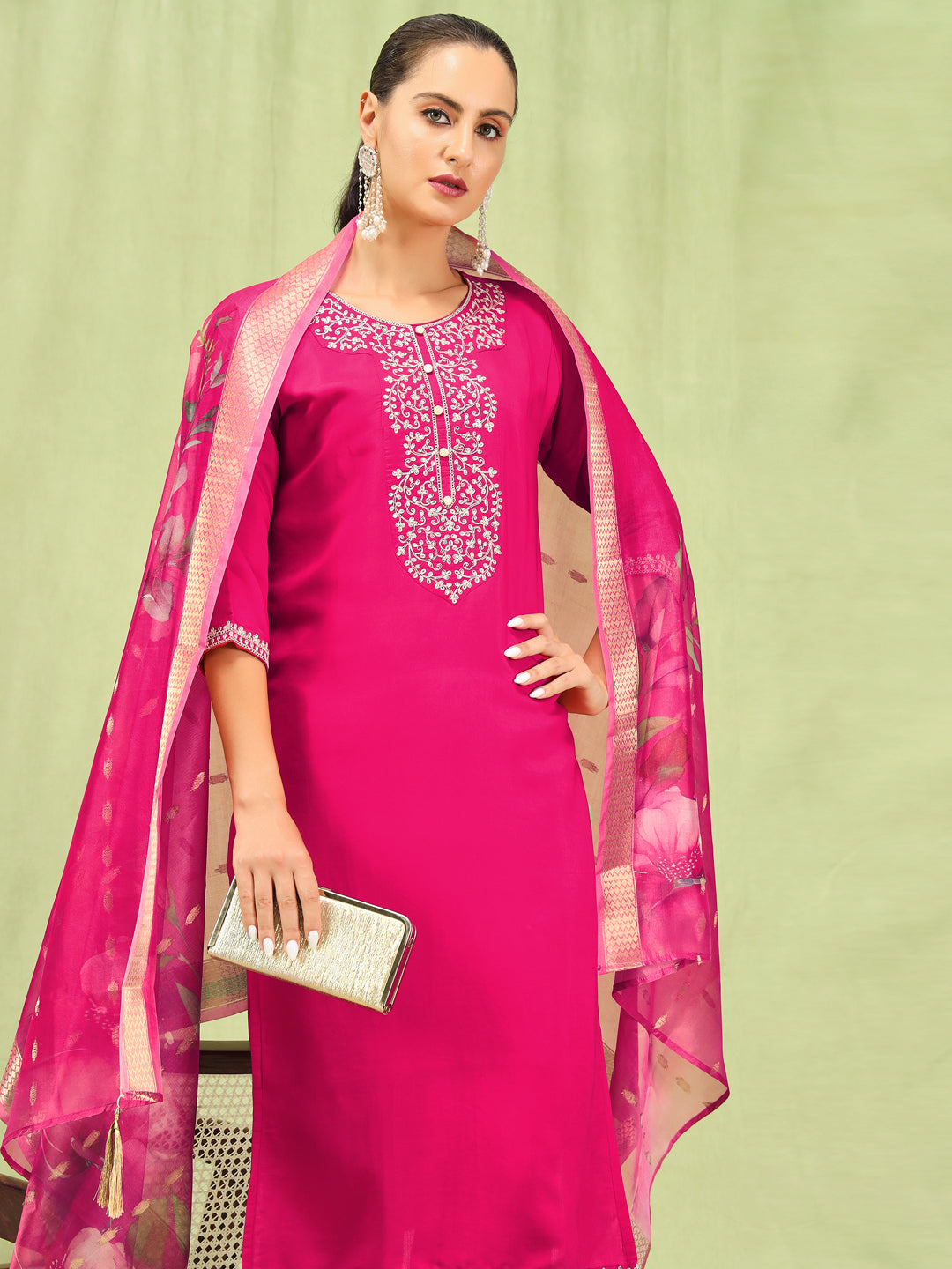 Diya Women’s Viscose Roman Silk Embroidery Straight Kurta Pant with Dupatta Set - FitVibe Fashion