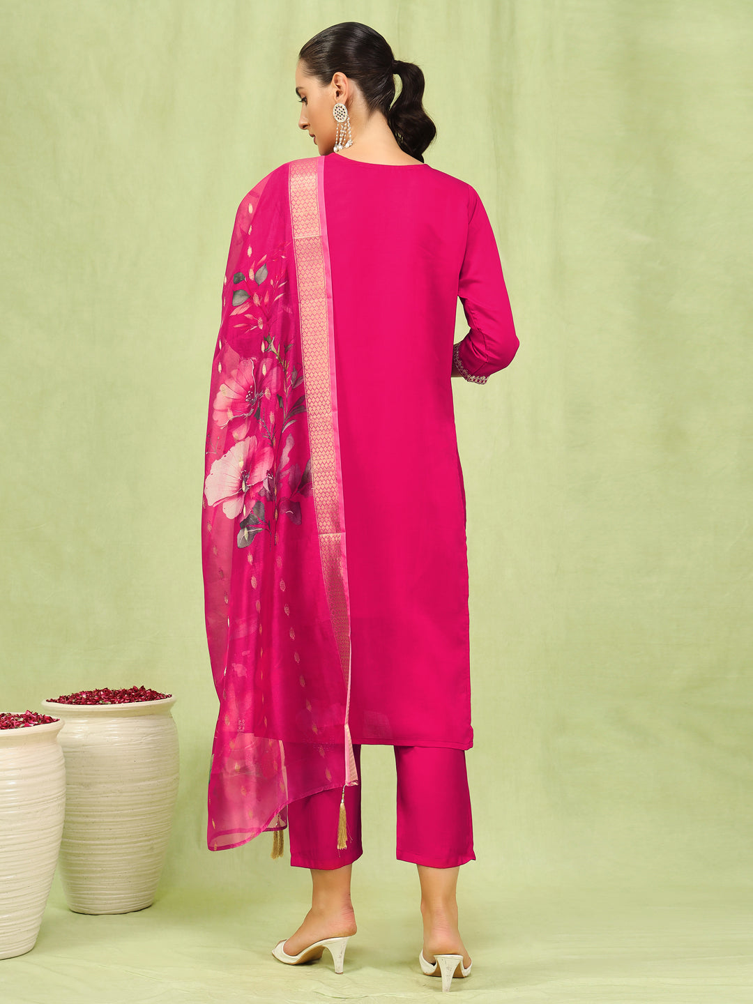 Diya Women’s Viscose Roman Silk Embroidery Straight Kurta Pant with Dupatta Set - FitVibe Fashion