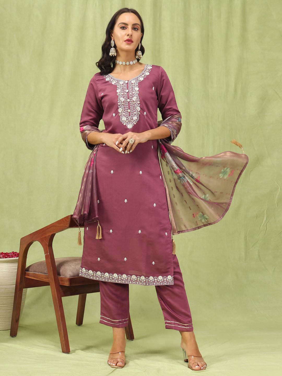 Paavani Viscose Roman Silk Embroidery Straight Kurta Pant with Organza Dupatta Set - FitVibe Fashion