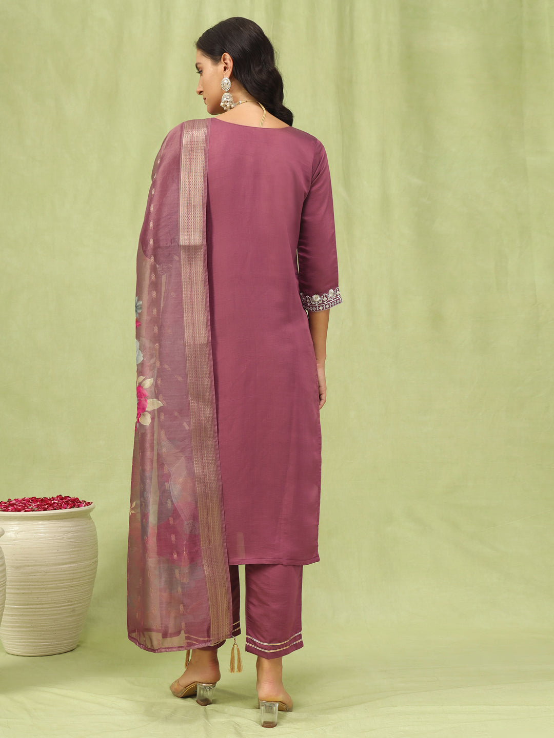 Paavani Viscose Roman Silk Embroidery Straight Kurta Pant with Organza Dupatta Set - FitVibe Fashion
