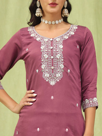 Paavani Viscose Roman Silk Embroidery Straight Kurta Pant with Organza Dupatta Set - FitVibe Fashion