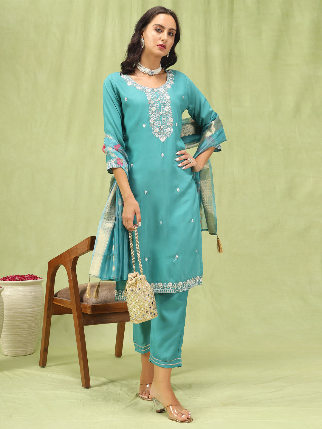 Shishira Viscose Roman Silk Embroidery Straight Kurta Pant with Organza Dupatta Set - FitVibe Fashion
