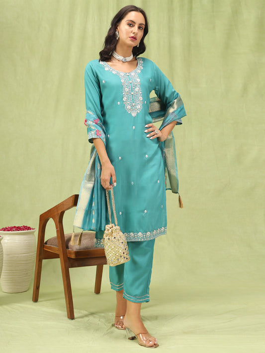 Shishira Viscose Roman Silk Embroidery Straight Kurta Pant with Organza Dupatta Set - FitVibe Fashion