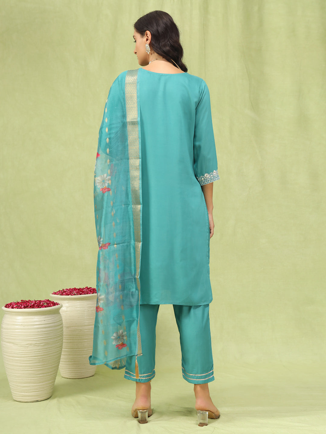 Shishira Viscose Roman Silk Embroidery Straight Kurta Pant with Organza Dupatta Set - FitVibe Fashion