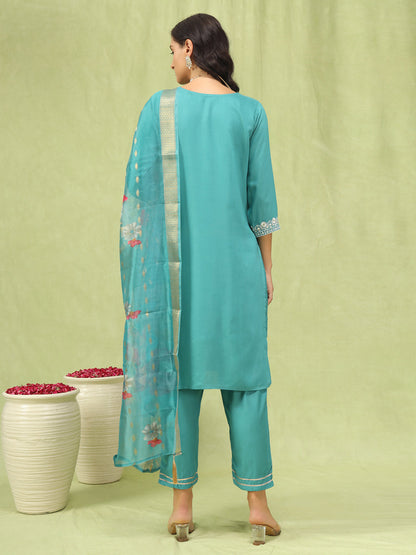 Shishira Viscose Roman Silk Embroidery Straight Kurta Pant with Organza Dupatta Set - FitVibe Fashion