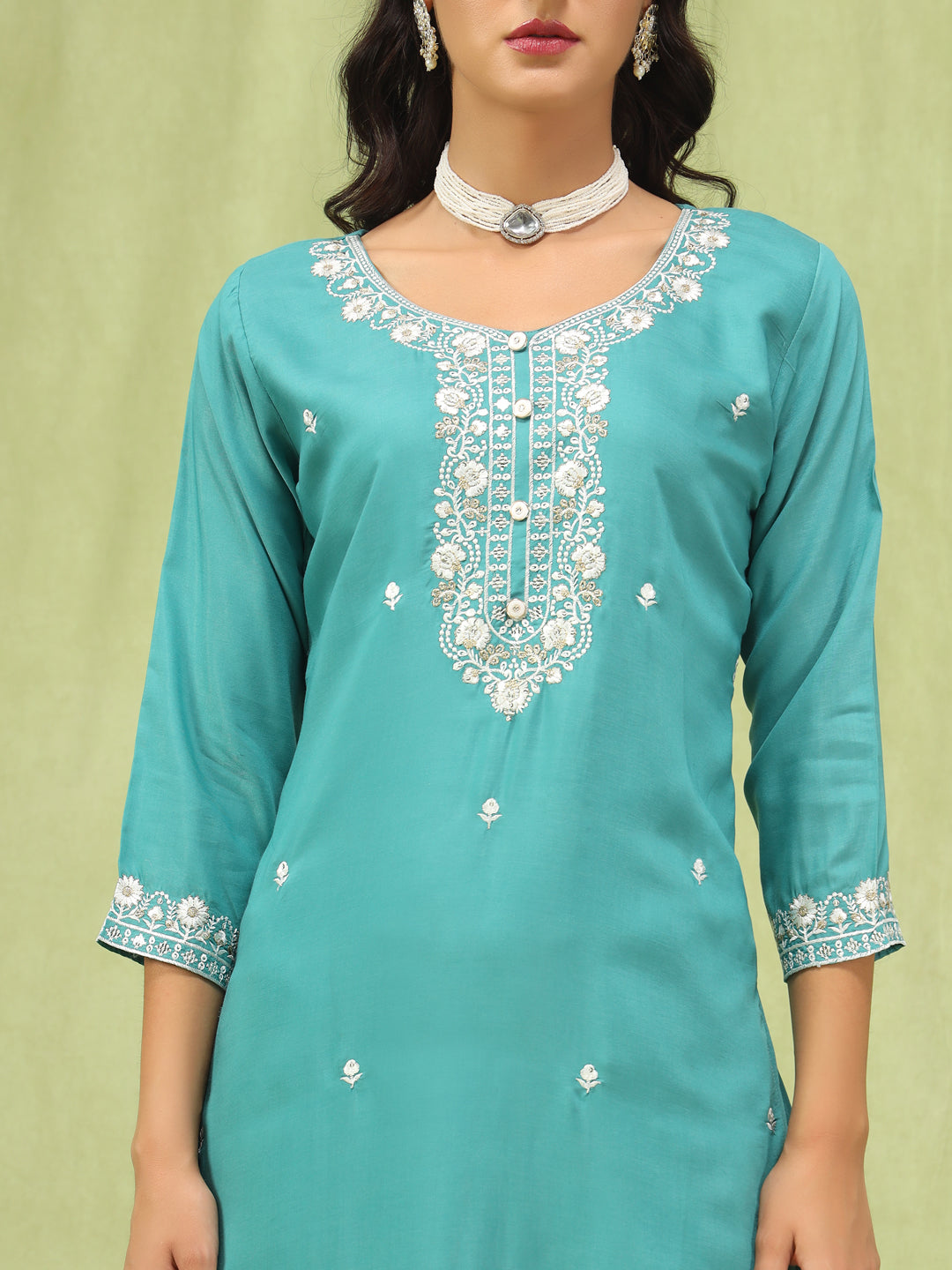 Shishira Viscose Roman Silk Embroidery Straight Kurta Pant with Organza Dupatta Set - FitVibe Fashion