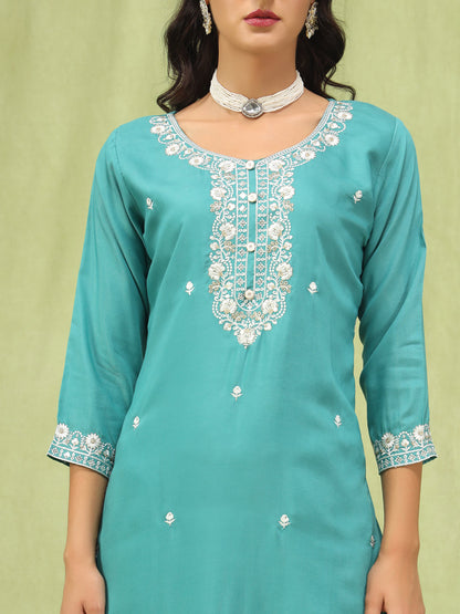 Shishira Viscose Roman Silk Embroidery Straight Kurta Pant with Organza Dupatta Set - FitVibe Fashion