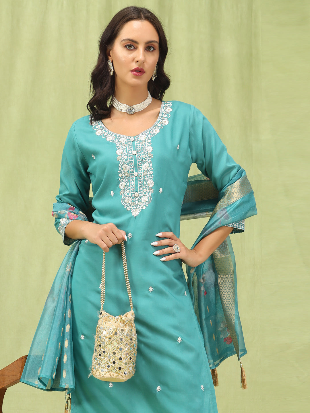 Shishira Viscose Roman Silk Embroidery Straight Kurta Pant with Organza Dupatta Set - FitVibe Fashion