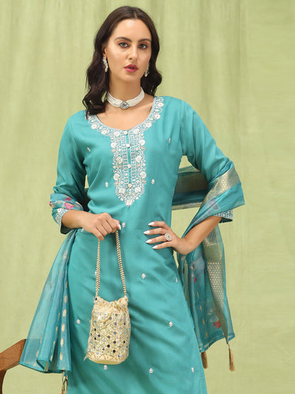 Shishira Viscose Roman Silk Embroidery Straight Kurta Pant with Organza Dupatta Set - FitVibe Fashion