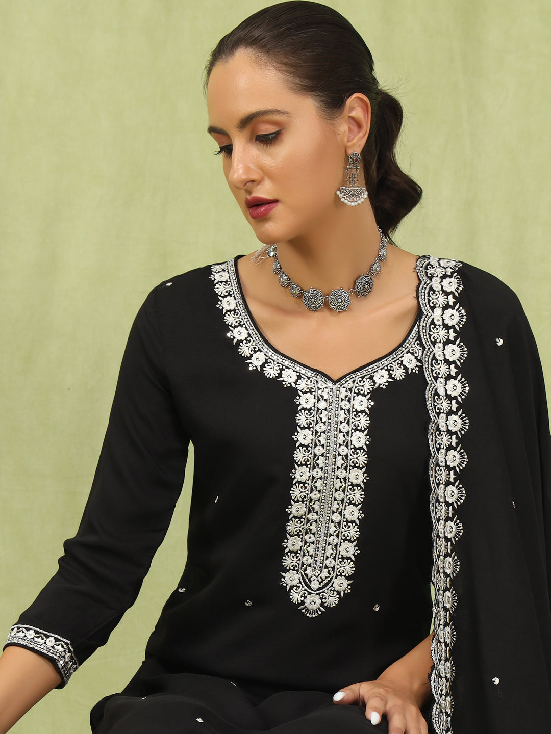 Mallika Women’s Viscose Roman Silk Embroidery Straight Kurta Pant with Dupatta Set - FitVibe Fashion