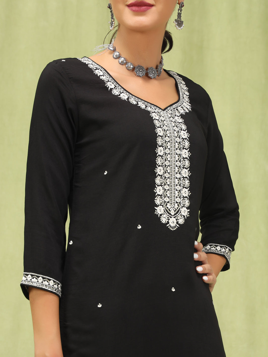 Mallika Women’s Viscose Roman Silk Embroidery Straight Kurta Pant with Dupatta Set - FitVibe Fashion