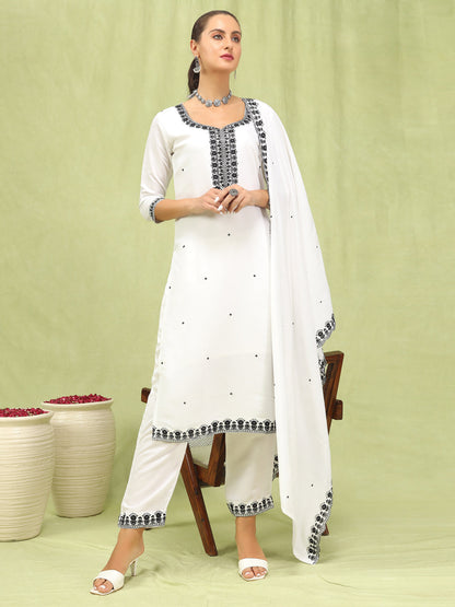 Aranya Women’s Viscose Roman Silk Embroidery Straight Kurta Pant with Dupatta Set - FitVibe Fashion
