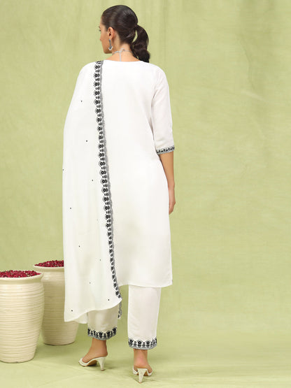 Aranya Women’s Viscose Roman Silk Embroidery Straight Kurta Pant with Dupatta Set - FitVibe Fashion