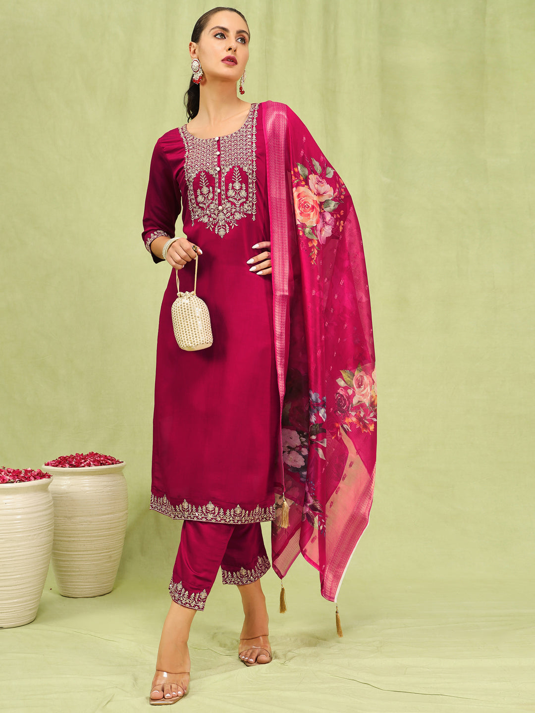 Sanjana Women’s Viscose Roman Silk Embroidery Straight Kurta Pant with Dupatta Set - FitVibe Fashion