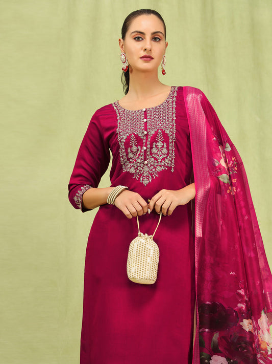 Sanjana Women’s Viscose Roman Silk Embroidery Straight Kurta Pant with Dupatta Set - FitVibe Fashion