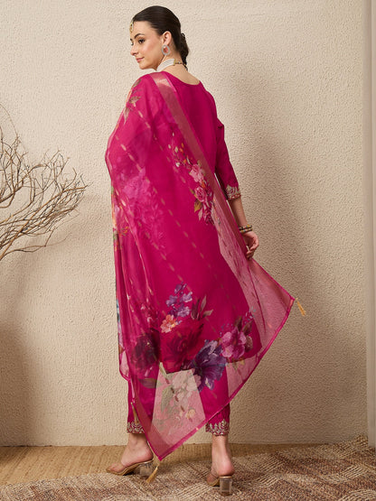 EthniGlow Pink Viscose Roman Silk Embroidery Straight Suit Set - FitVibe Fashion