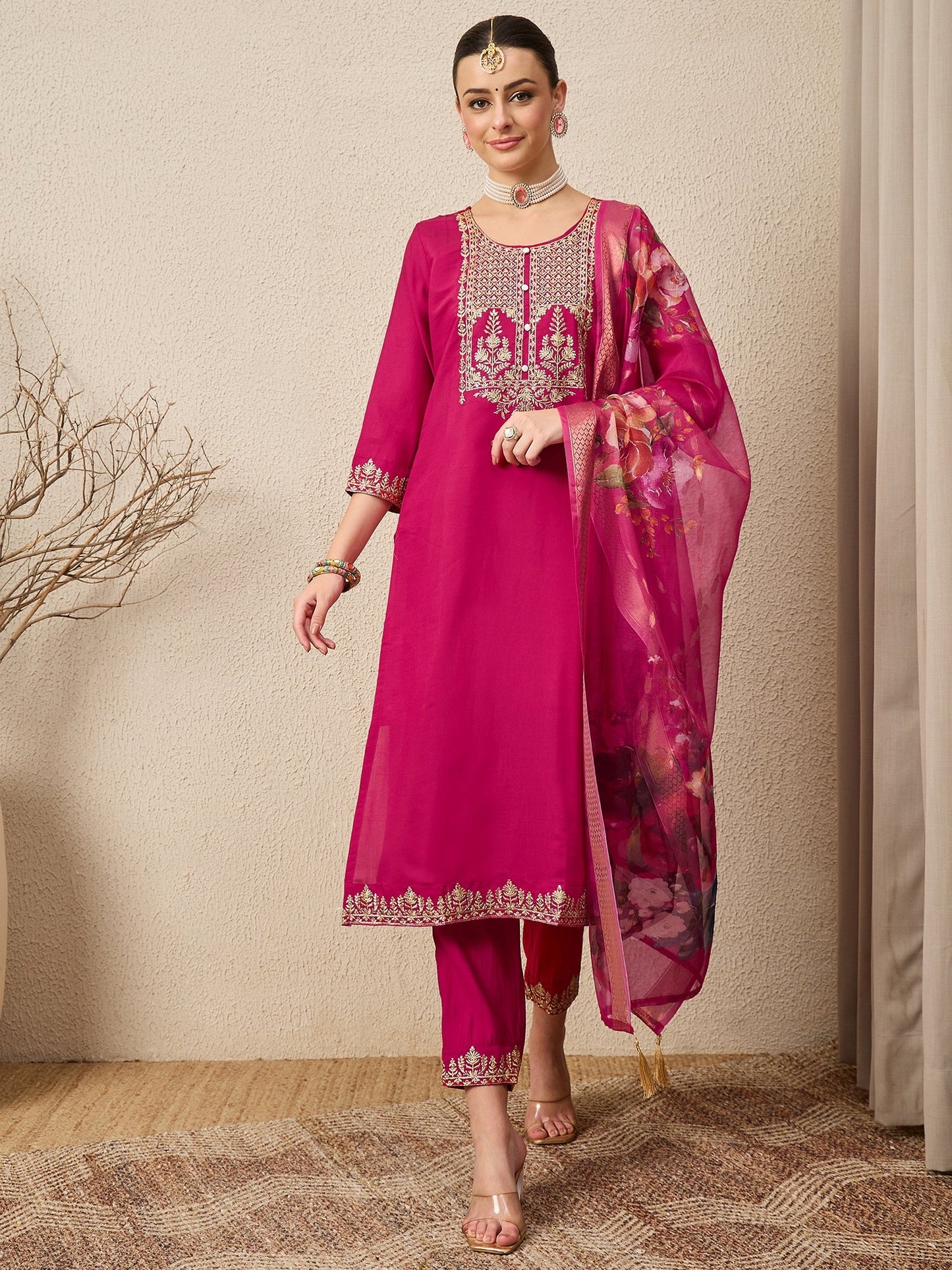 EthniGlow Pink Viscose Roman Silk Embroidery Straight Suit Set - FitVibe Fashion