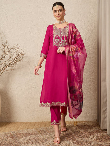 EthniGlow Pink Viscose Roman Silk Embroidery Straight Suit Set - FitVibe Fashion