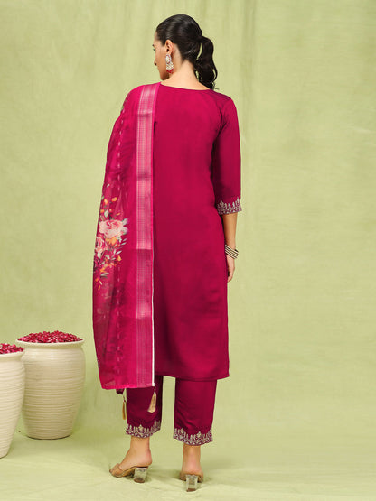 Sanjana Women’s Viscose Roman Silk Embroidery Straight Kurta Pant with Dupatta Set - FitVibe Fashion